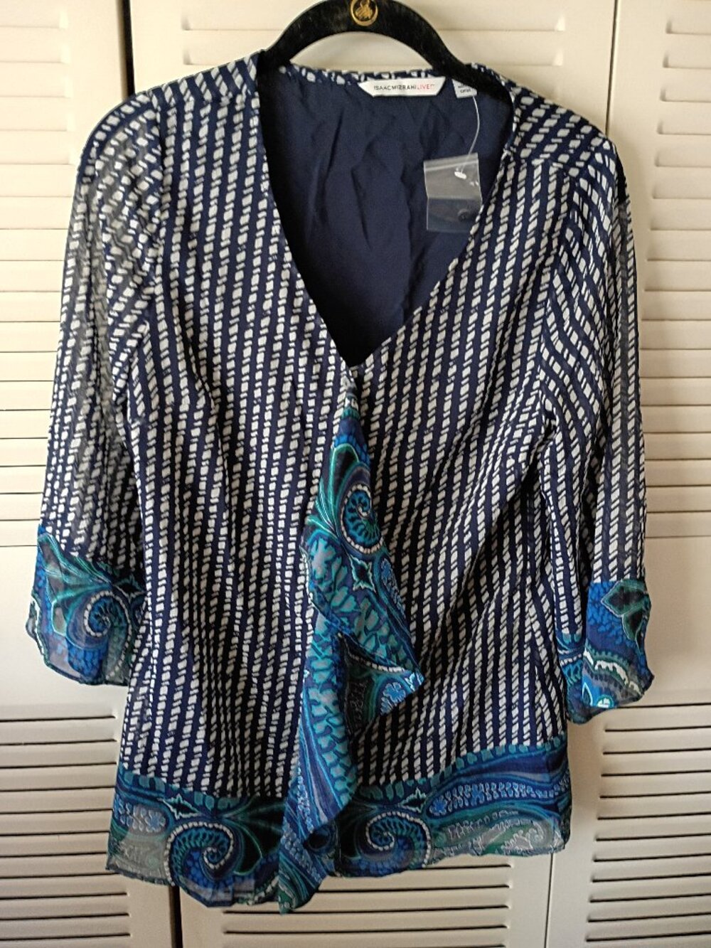 ISAAC MIZRAHI LIVE Plaid Paisley Navy Blue Green Multi Ruffle Top Blouse XS S